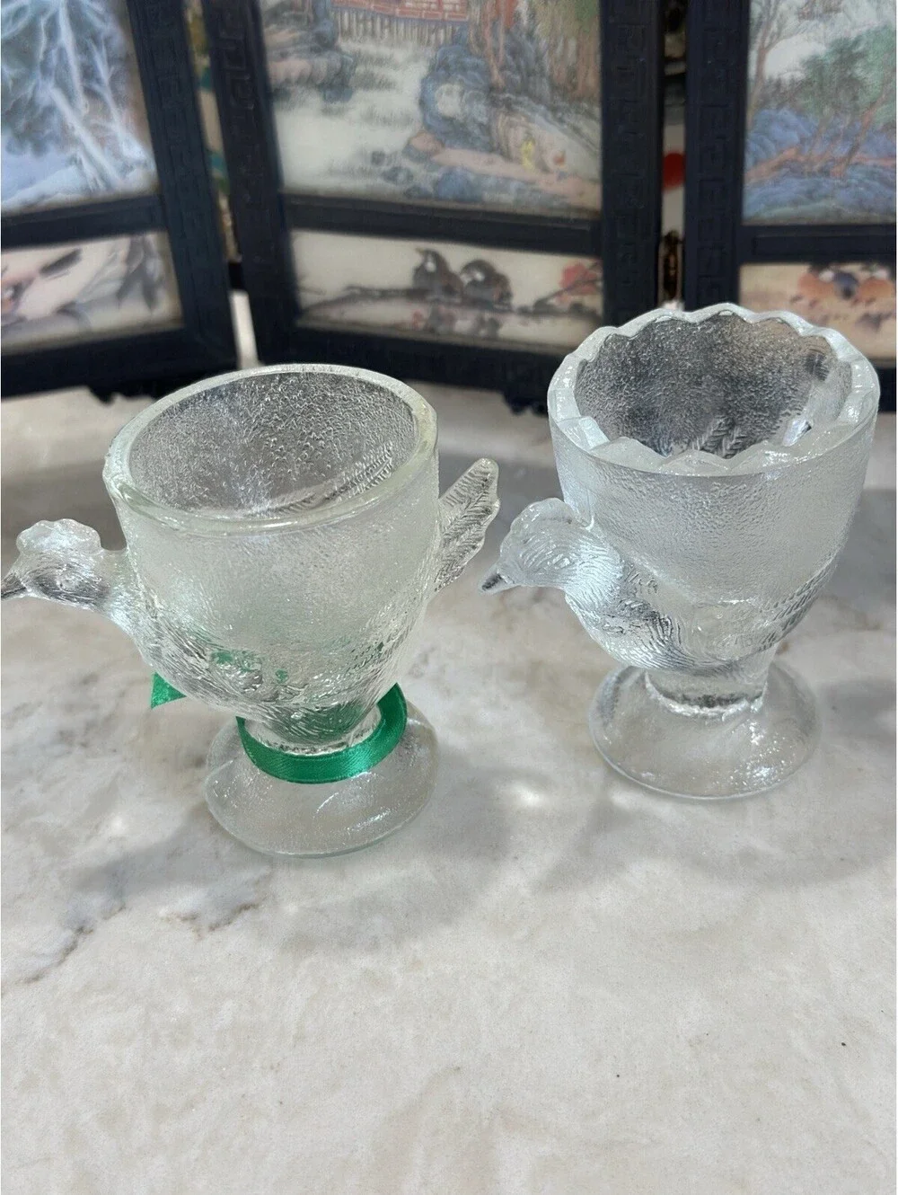 Mid Century Vintagepressed glass figural chicken egg cups Set Of 2